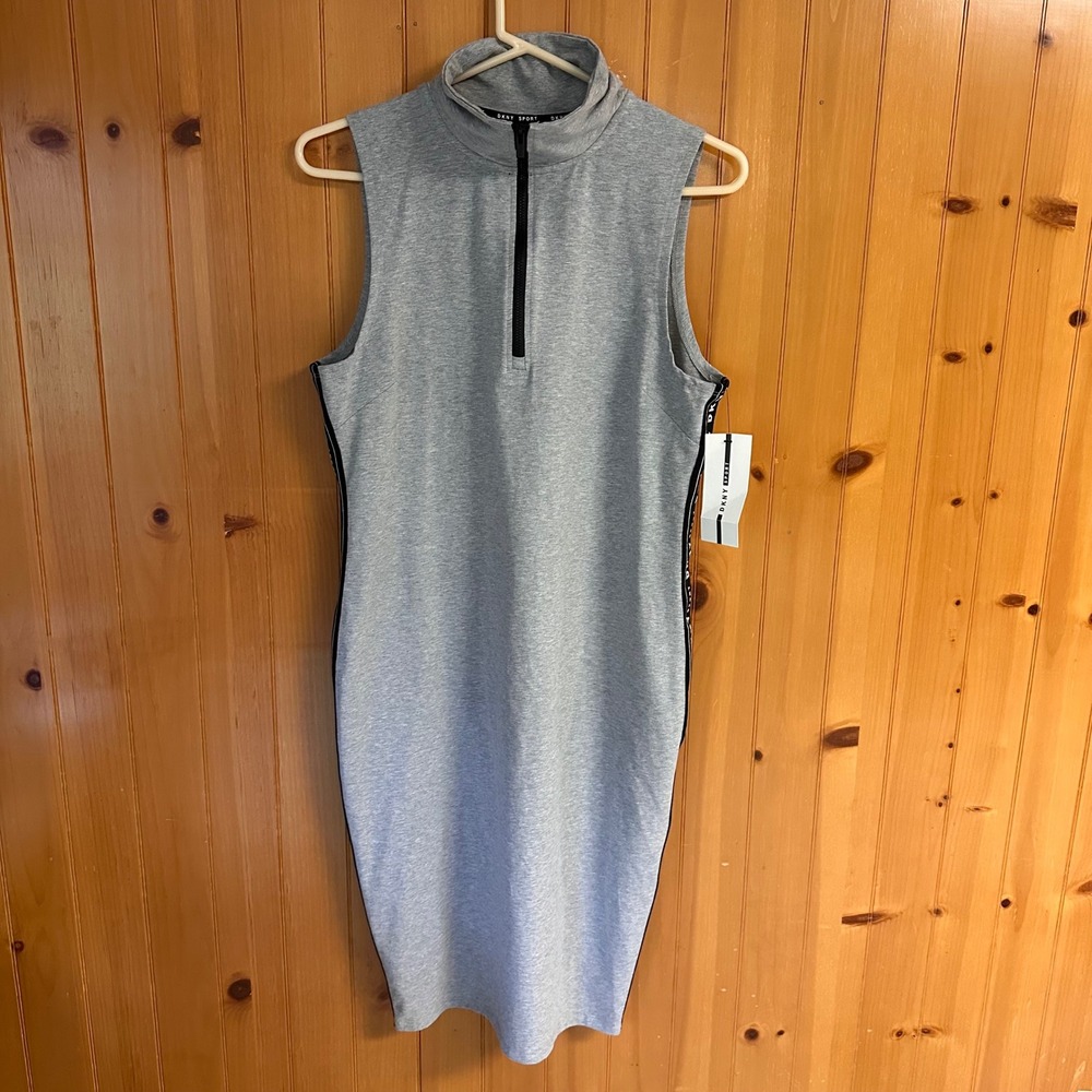 DKNY Sport Womens XL Heather Grey Mock Neck Quarter Zip Logo Tape Sheath Dress